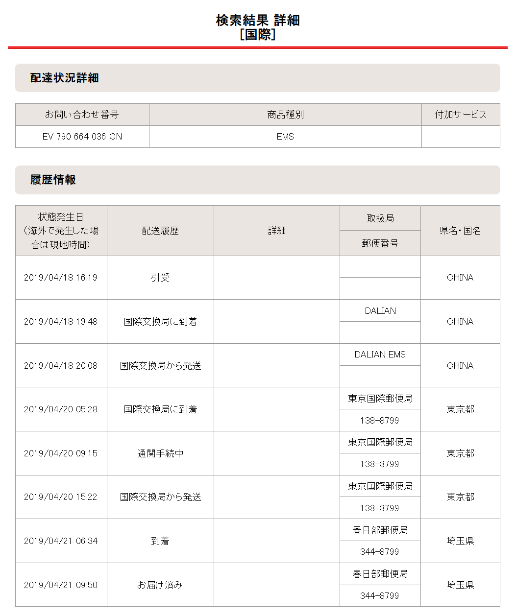 2019年04月18日の配達状況詳細