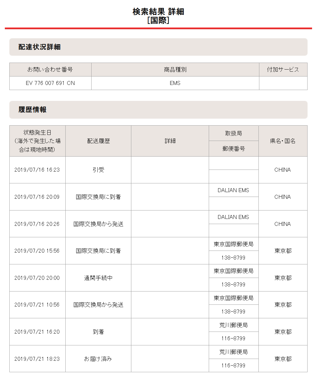 2019年07月21日の配達状況詳細