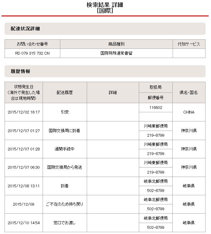 2015年12月10日の配達状況詳細