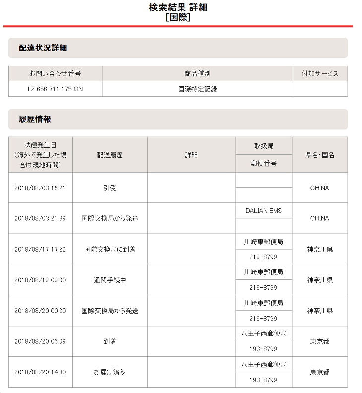 2018年08月03日の配達状況詳細