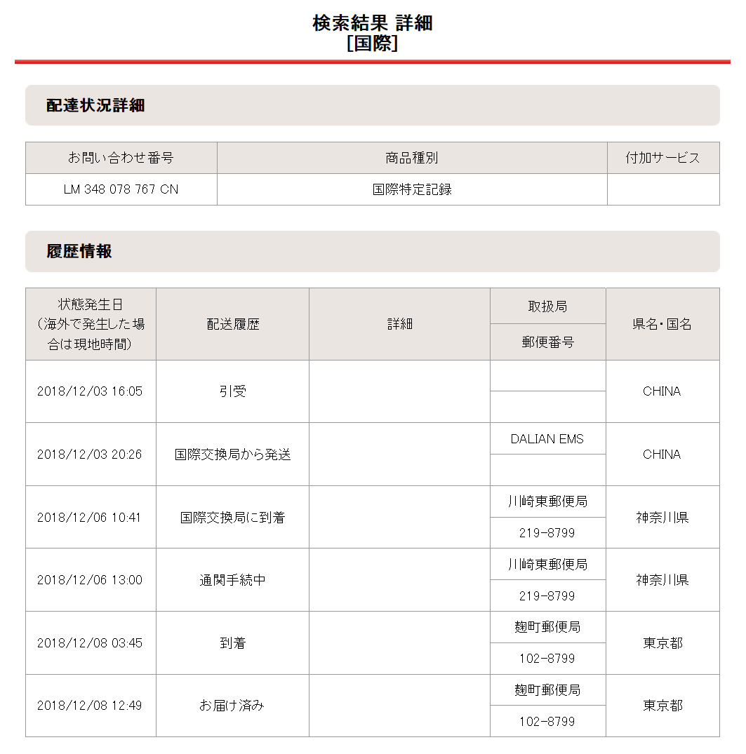 2018年12月03日の配達状況詳細