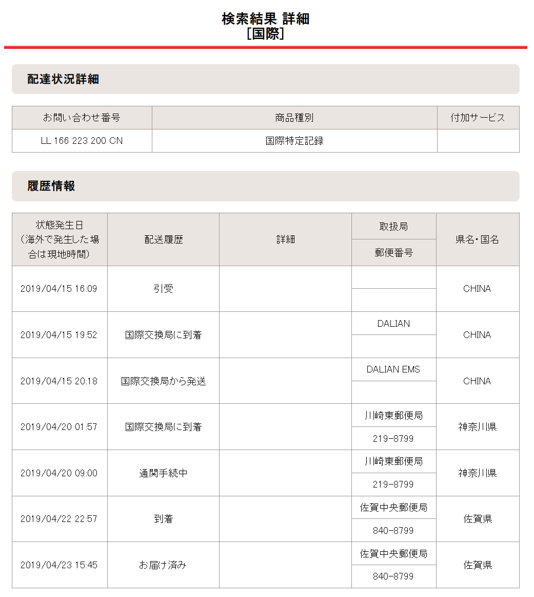 2019年04月23日の配達状況詳細