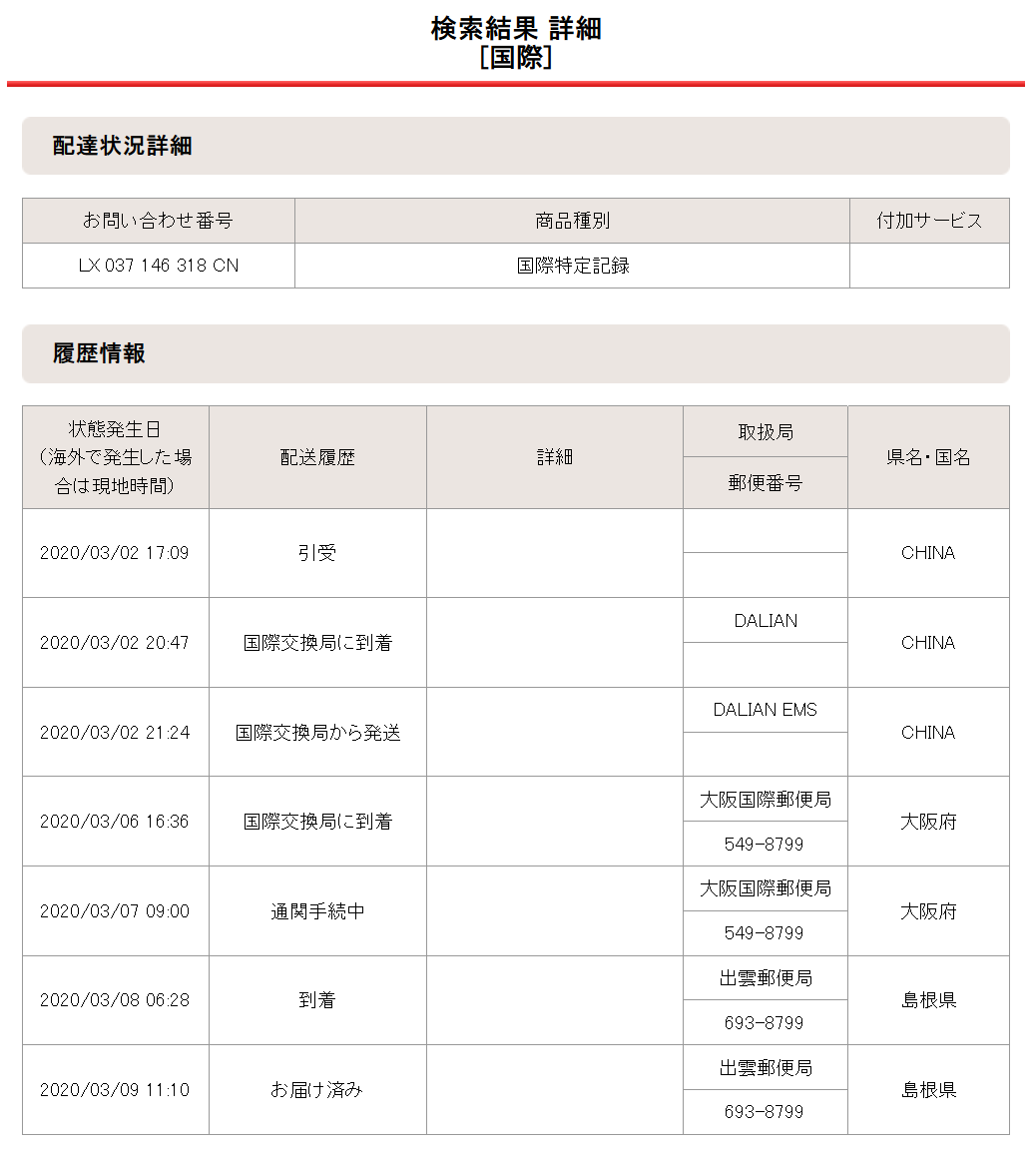 2020年03月02日の配達状況詳細