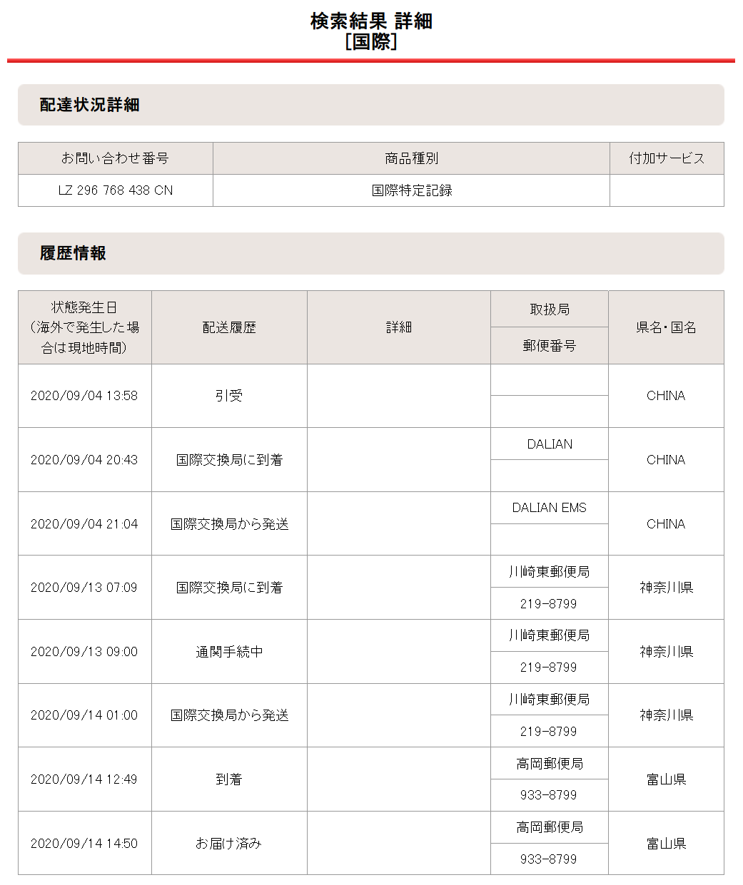 2020年09月14日の配達状況詳細