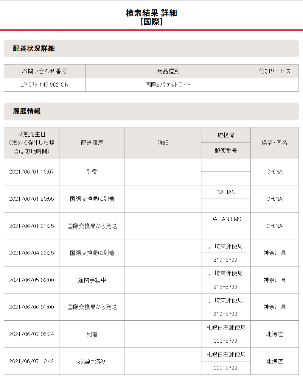 2021年6月1日の配達状況詳細